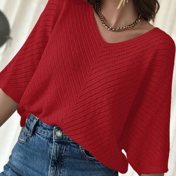Women's 2025 Summer Spring Casual 3/4 Sleeve Solid Color V Neck Loose Pullover K - Picture 3 of 4